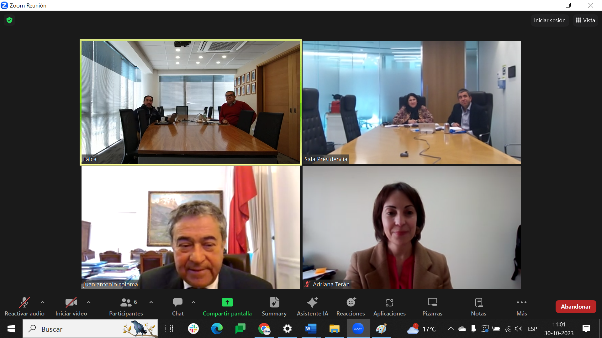 Reunión telemática de representantes de la Cámara Chilena de la Construcción con el presidente del senado Juan Antonio Coloma